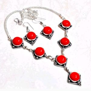 New simulated coral sterling silver necklace & earrings